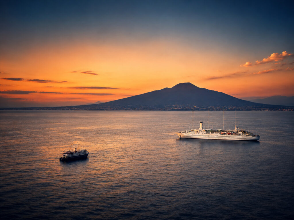 A sunset across the Gulf of Naples, two boats are crossing the water in front of Mt. Vesuvius.